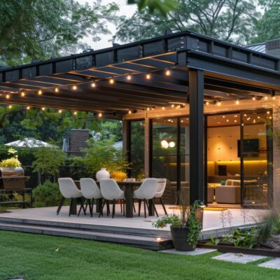 Eine moderne Terrasse mit Holzlamellen und eleganter Beleuchtung.