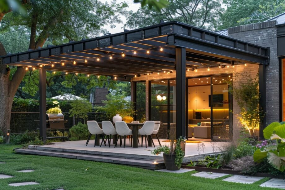 Eine moderne Terrasse mit Holzlamellen und eleganter Beleuchtung.