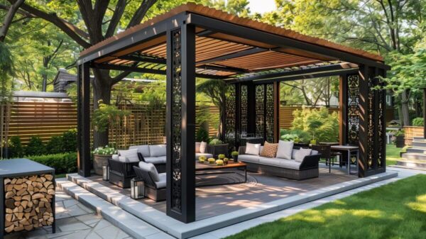 Ein moderner Pavillon mit Holzlamellen auf dem Dach steht in einem grünen Garten.