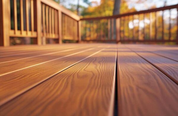 Holzterrasse reflektiert den warmen Glanz der Sonne mit beweglichen Holzlamellen für Pergolen.