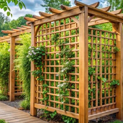 Holzgartenpavillons mit Kletterpflanzen entlang eines Holzpfads im Grünen.