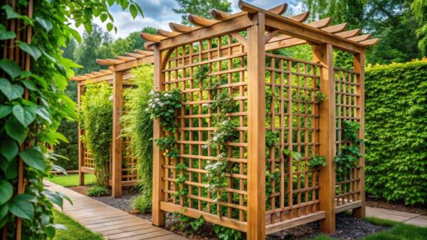 Holzgartenpavillons mit Kletterpflanzen entlang eines Holzpfads im Grünen.