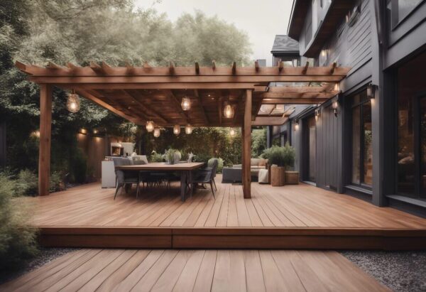 Eine Terrasse mit Holzgartenpavillons und gemütlichen Sitzgelegenheiten.