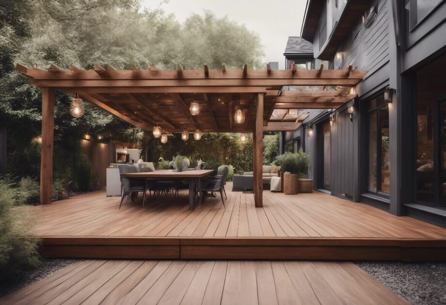 Eine Terrasse mit Holzgartenpavillons und gemütlichen Sitzgelegenheiten.