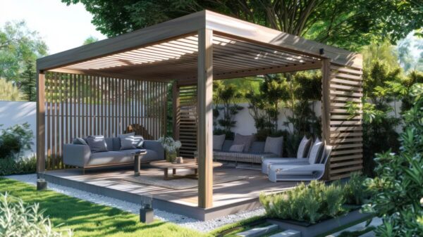 Eine stilvolle Pergola mit beweglichen Holzlamellen für den Garten bietet Schatten und Komfort.