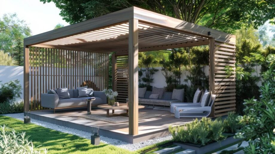 Eine stilvolle Pergola mit beweglichen Holzlamellen für den Garten bietet Schatten und Komfort.