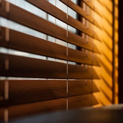 Verschalungen aus beweglichen Holzlamellen filtern das durch die Fenster scheinende Licht.