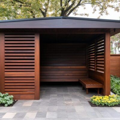 Eine moderne Gartenhütte mit Holzlamellen als Sichtschutz.