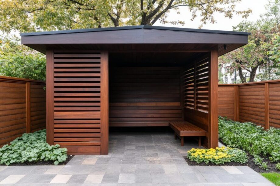 Eine moderne Gartenhütte mit Holzlamellen als Sichtschutz.