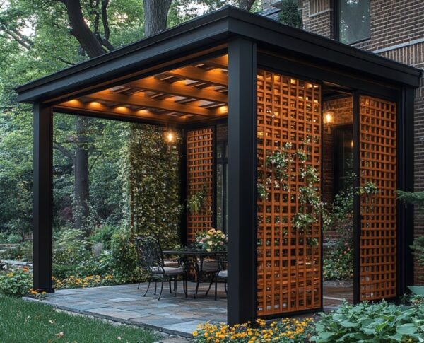 Eine überdachte Terrasse zeigt die Entwicklung von beweglichen Holzlamellen zur dekorativen Gestaltung.