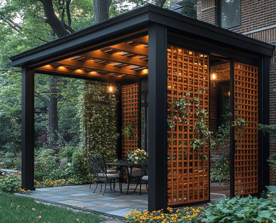 Eine überdachte Terrasse zeigt die Entwicklung von beweglichen Holzlamellen zur dekorativen Gestaltung.