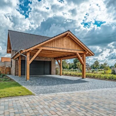 Ein modernes Carport mit Bewegliche Holzlamellen für Pergolen steht neben einem Haus.