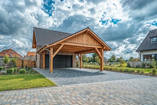 Ein modernes Carport mit Bewegliche Holzlamellen für Pergolen steht neben einem Haus.