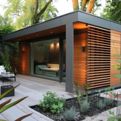 Moderner Holzgartenpavillon mit eleganter Holzverkleidung und großen Fenstern in einem üppigen Garten.