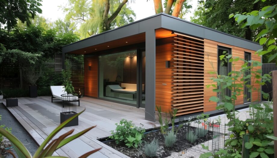 Moderner Holzgartenpavillon mit eleganter Holzverkleidung und großen Fenstern in einem üppigen Garten.