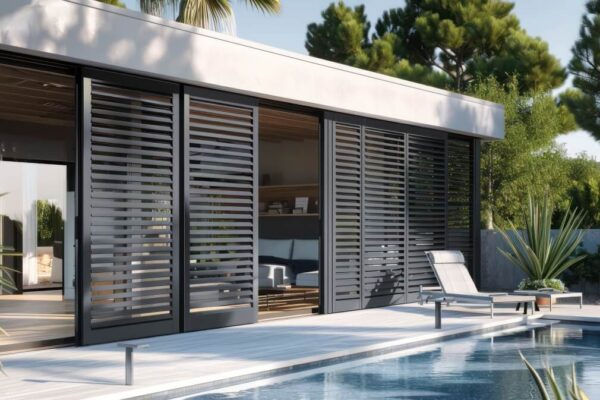 Eine moderne Terrasse mit beweglichen Holzlamellen für die Terrasse, die Schutz und Flexibilität bieten.