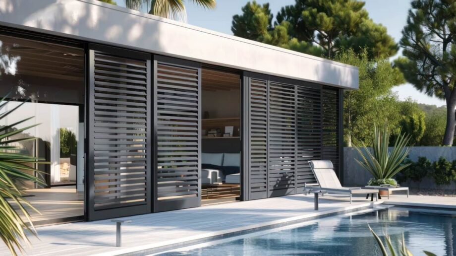 Eine moderne Terrasse mit beweglichen Holzlamellen für die Terrasse, die Schutz und Flexibilität bieten.